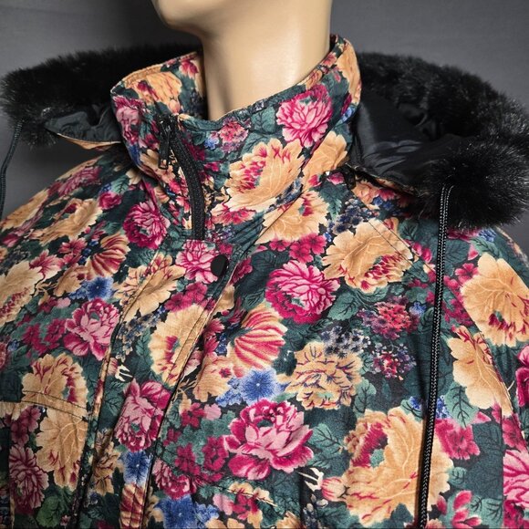 Vintage 80s Floral Puffer Ski Jacket Coat Black Faux Fur Trim Oversized size L - Picture 5 of 16